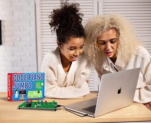 STEM Coding Toy For Kids And Teens Learn Real C Plus Plus Skills With A Built In Speaker And Arcade Style Buttons Over Twenty Online Projects To Create Songs And Sound Effects Right Out Of The Box. Code Piano Jumbo kit with laptop