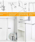 Illustration of adjustable pull down closet rod 35 to 48 inches, side mounted, aluminum, in tall cabinet, with measurements.