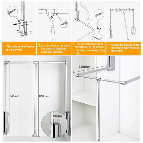 Illustration of adjustable pull down closet rod 35 to 48 inches, side mounted, aluminum, in tall cabinet, with measurements.