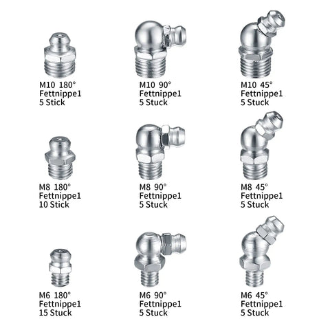 60 Piece Metric Grease Fittings Kit With Straight And Angled Zerk Fittings M6 M8 M10 for lubrication in various angles
