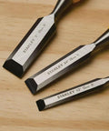 Three Piece Chisel Set With Hardened Chrome Carbon Steel Blades, Short Series For Extra Control, showing blade sizes