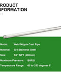 Image of Two Pack 304 Stainless Steel Weld Nipple Pipe Fittings With One Quarter Inch NPT Male Threads, Sixteen Inch Length.