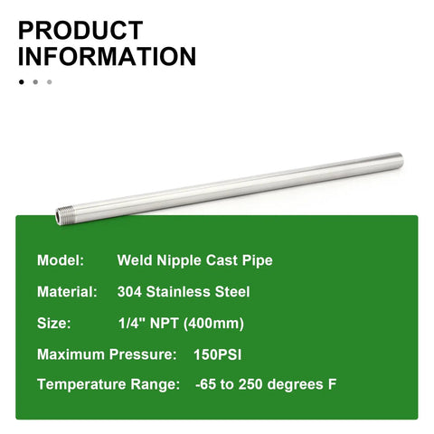 Image of Two Pack 304 Stainless Steel Weld Nipple Pipe Fittings With One Quarter Inch NPT Male Threads, Sixteen Inch Length.