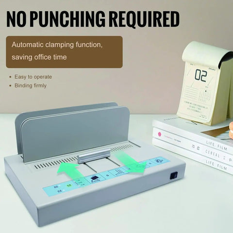 Workhorse 500 Sheet Thermal Binding Machine With 10 Binding Covers PTC Ceramic Heating on an office desk setup