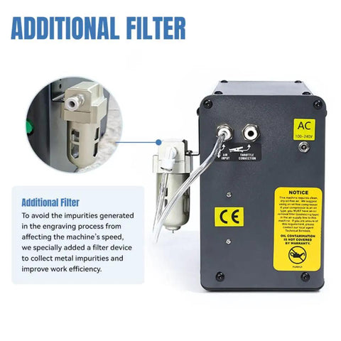 Back view of Pneumatic Jewelry Engraver Machine Dual Head 400 To 8000 RPM Pro Grade showing additional filter attachment.
