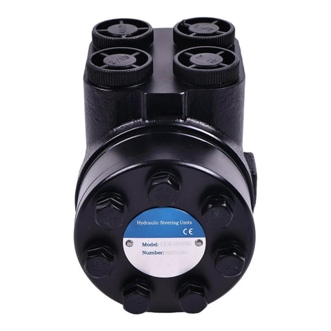 Front view of black hydraulic steering unit (Orbitrol valve) with round end plate and four bolts