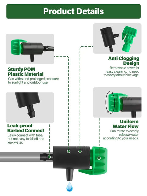 Product details of Easy Fit Adjustable Drip Irrigation Drippers Set Of 30 With 360 Degree Flow Control For 4 To 7 Millimeter Tubing.