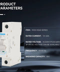 1 Pole 110-240V 6A Miniature Circuit Breaker, Thermal Magnetic Trip, 6KA Breaking Capacity, side view with product parameters