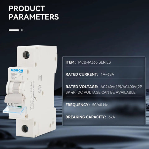 1 Pole 110-240V 6A Miniature Circuit Breaker, Thermal Magnetic Trip, 6KA Breaking Capacity, side view with product parameters