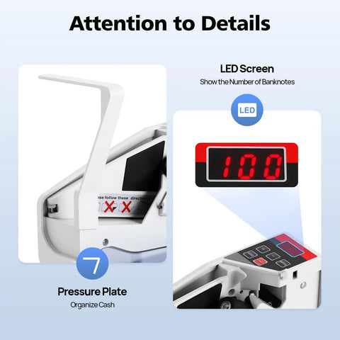 Portable Money Counter Machine For Quick Cash Counting, 600 Bills Per Minute, close-up of 3-digit display and pressure plate.