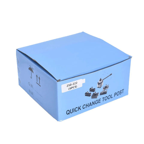 Blue box of Six Piece Quick Change Tool Post Set For Lathe With Wedge And Piston Type Holders Includes 250 222 250 201