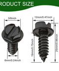 Built Tough 4Pc Matte Black License Plate Screws And Security Bolts Heavy Duty Stainless Steel Rust Proof Fastener Set dimensions chart showing sizes.