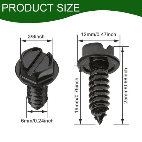 Built Tough 4Pc Matte Black License Plate Screws And Security Bolts Heavy Duty Stainless Steel Rust Proof Fastener Set dimensions chart showing sizes.