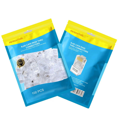Packaging of RJ45 Cat6 Cat5 Pass Through Ethernet Connectors Gold Plated 8P8C Plug For DIY Network Cables 24AWG, 100 Pack