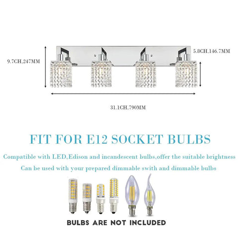 Chrome Crystal Vanity Light For Bathroom Four Light Farmhouse Style Sconces Over Mirror Modern Indoor Wall Fixtures