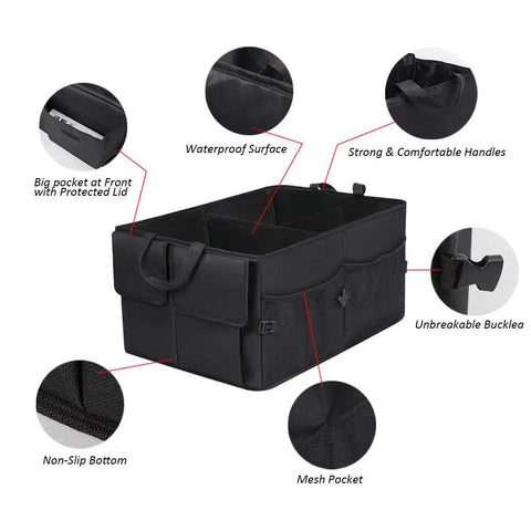 Car Trunk Backseat Organizer For SUV Eight Pocket Waterproof And Dustproof Cargo Net Storage with sturdy foldable design.