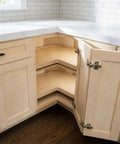 Unfinished Birch Kitchen Lazy Susan Corner Cabinet 36 Inch Featuring Twin Spin Shelves And Reversible Door in corner with open doors.