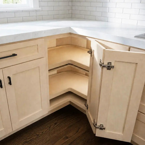Unfinished Birch Kitchen Lazy Susan Corner Cabinet 36 Inch Featuring Twin Spin Shelves And Reversible Door in corner with open doors.