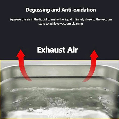 Professional Ultrasonic Jewelry Cleaner Machine With Thirty Five Watt Motor And Zero Point Eight Liter Tank Featuring Five Adjustable Speeds Plus Digital Timer, showing degassing process in water.