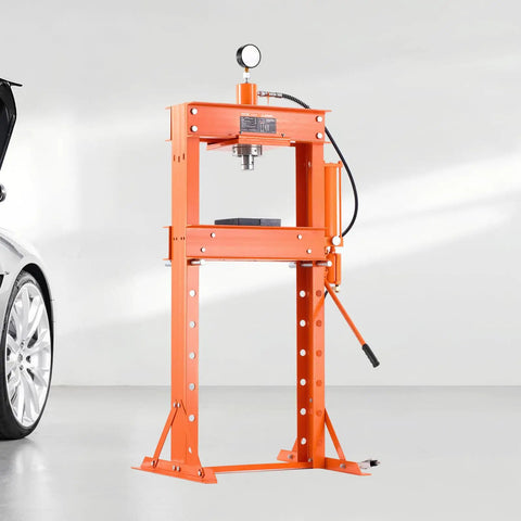 Pro Crew Badass 30 Ton H Frame Hydraulic Shop Press With Heavy Steel Platen And Automatic Relief Valve For Swapping Car Bushings Ball Joints Garage Metalwork Setup in orange color.