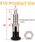 Heavy Duty Stainless Steel M16 Locking Plunger Pin with dimensions for tool chest stability and secure operation.