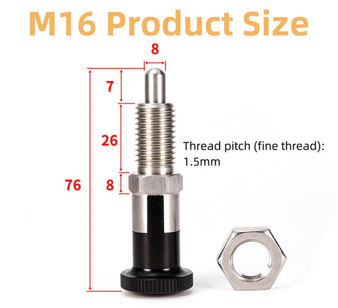 Heavy Duty Stainless Steel M16 Locking Plunger Pin with dimensions for tool chest stability and secure operation.