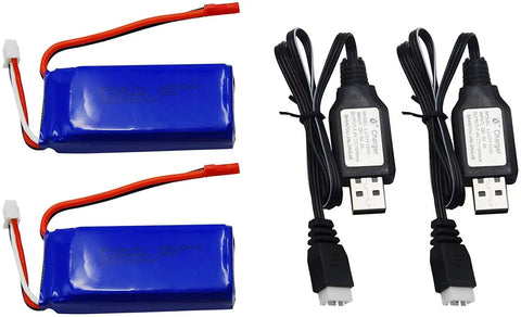 Two Pack 7.4V 1200mAh LiPo Battery Pack With JST Plug And USB Cable Replacement For UDIRC UD1601 UD1602 Pro Fisca Cheewing