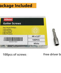 Built Tough Self Tapping Gutter Screws With White Painted Hex Heads And Corrosion Resistant Zinc Plating For No Sweat Downspout Repairs Comes With A Handy Quarter Inch Magnetic Bit In A Rock Solid Hundred Piece Pack, 100pcs package with hex head screws and magnetic bit.