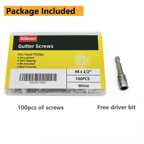 Built Tough Self Tapping Gutter Screws With White Painted Hex Heads And Corrosion Resistant Zinc Plating For No Sweat Downspout Repairs Comes With A Handy Quarter Inch Magnetic Bit In A Rock Solid Hundred Piece Pack, 100pcs package with hex head screws and magnetic bit.