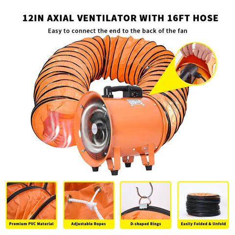 12 Inch High Velocity Blower Fan With 550W Motor And 16Ft Duct Hose, low noise portable ventilation, fume extractor for clear air
