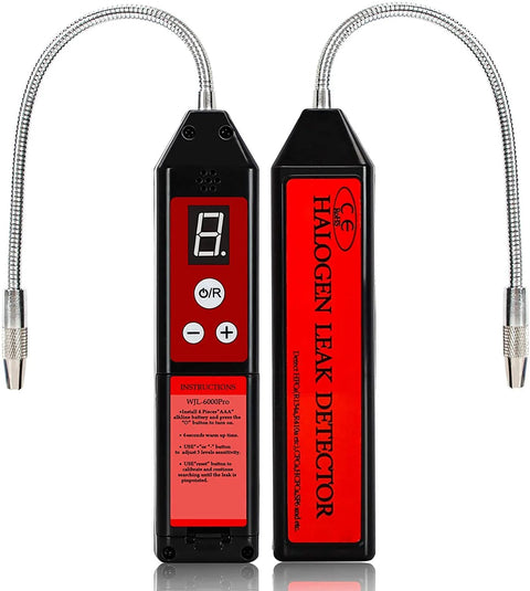 Front view of Wale&Morn halogen leak detector set with two handheld units, red panels, display, and braided hoses