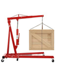 Heavy Duty Carbon Steel Engine Hoist With Smooth Hydraulic Lifting System And Foldable Stand Frame For No Drama Backyard Mechanic Garage Tool Optimization lifting a wooden crate.