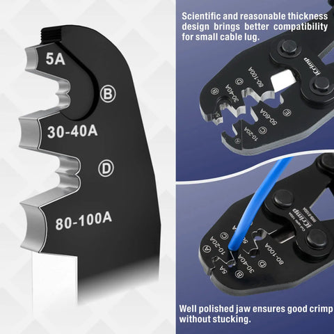 Close-up of Open Barrel Lug Crimping Tool For Battery Cables, showing precise EDM jaws for small cable lugs and B-type crimps.