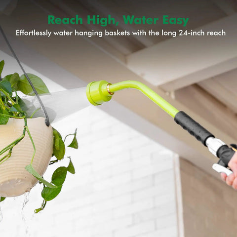 Heavy Duty Full Metal 24 Inch Watering Wand With Gentle Soft Shower Sprayer reaching hanging basket with water flow