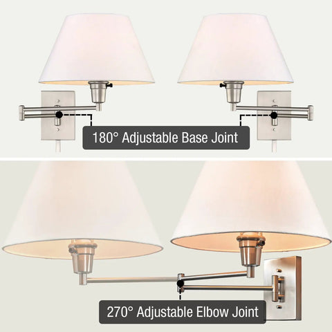 Modern Swing Arm Wall Sconce With White Empire Shade, 15 Inch Reach, Adjustable Arm, 2-In-1 Plug-In Or Hardwired Installation, 3-Way Switch, Satin Nickel Finish, Includes 2 12 Inch Cord Covers