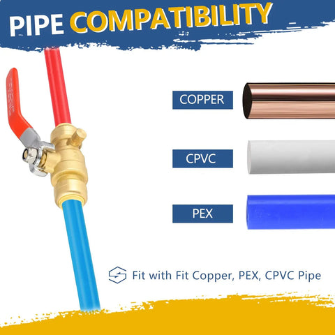 Diagram showing 1/2 Inch Push Fit Ball Valve With Drain Full Port Brass Shut Off For Copper PEX CPVC Plumbing Fittings compatibility