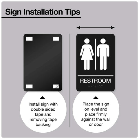 ADA Braille Unisex Bathroom Sign With Double Sided 3M Tape ABS Plastic Gender Neutral Restroom Sign For Offices And Restaurants 9 By 6 Inches Sleek Modern Mountable Office Sign For Biz Spaces installation guide