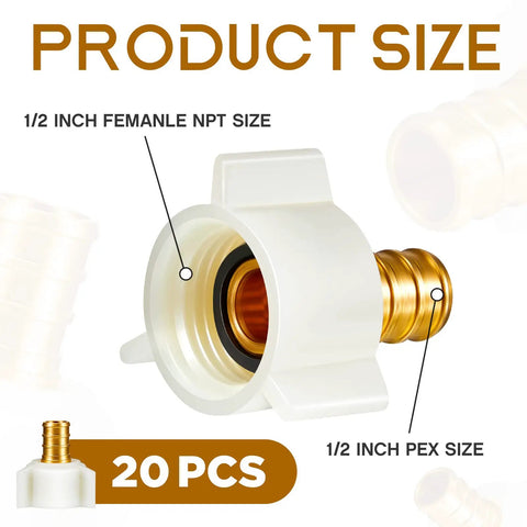Half Inch Brass Swivel PEX Adapter Crimp Fittings With Female Threads For Easy Plumbing Repairs Durable Anti Corrosion Connectors Kit Plug And Play Ready With PEX Tubing 20 Pieces, 1/2 inch female NPT