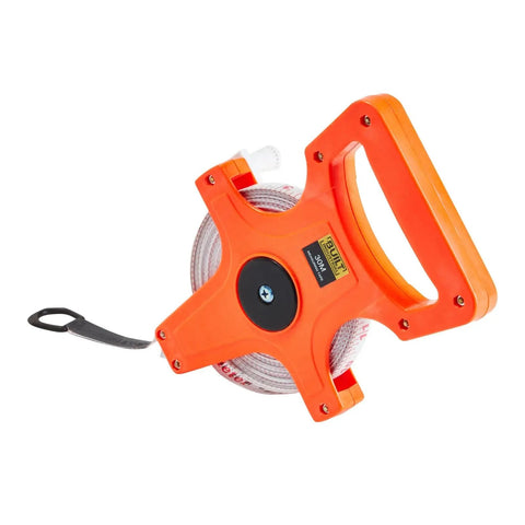 Retractable Open Reel Tape Measure 30 Meter Long Jump Track And Field Tool with orange reel and visible measurements