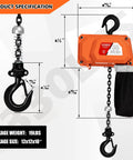 Beefy Electric Chain Hoist 330 Lbs 120V Single Phase Winch With 9.8 Ft Lift Height shown with dimensions and black chain bag