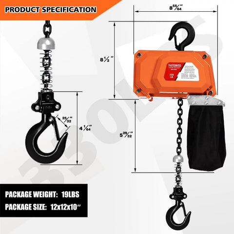 Beefy Electric Chain Hoist 330 Lbs 120V Single Phase Winch With 9.8 Ft Lift Height shown with dimensions and black chain bag