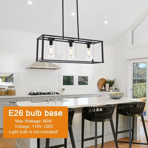 Black Dope 3 Light Modern Dining Pendant Lights For Kitchen Island Cage Linear Hanging Fixture with Glass Shade shown in a kitchen