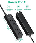 Image of Heavy Hitter 12 Outlet Surge Protector Power Strip with 5FT cord, 12 wide-spaced outlets, 3-sided design, and dimensions.