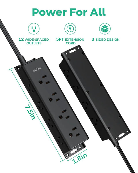 Image of Heavy Hitter 12 Outlet Surge Protector Power Strip with 5FT cord, 12 wide-spaced outlets, 3-sided design, and dimensions.