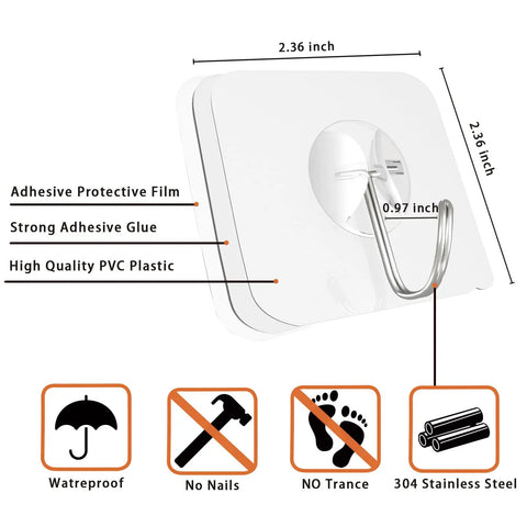 Heavy Duty Adhesive Hooks That Disappear Into Your Decor, Hold Up To 22 Lb, Waterproof And Reusable, No Nails Or Drills, Easy Peel And Stick, Perfect For Kitchen, Bathroom, And Office, Transparent 10 Pack detailed components