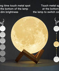 3D Printed Moon Lamp Night Light With Touch Control on wooden stand, warm white glow, USB Rechargeable, Adjustable Brightness