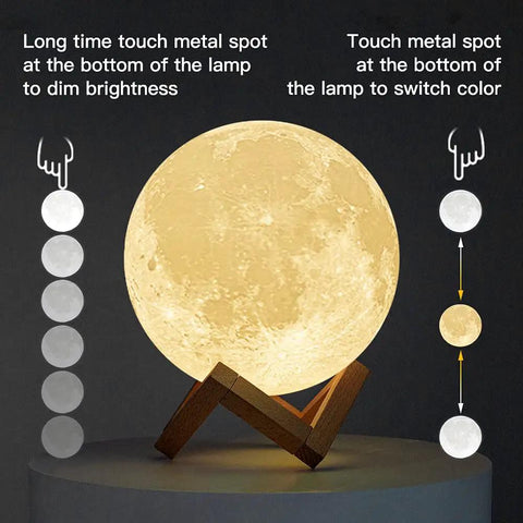 3D Printed Moon Lamp Night Light With Touch Control on wooden stand, warm white glow, USB Rechargeable, Adjustable Brightness