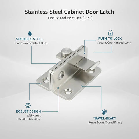 One Handed Stainless Steel Push Latch For RV And Boat Cabinets No Fuss Easy Install Keeps Doors Locked Against Road Vibration And Lets You Access Gear Fast While Traveling