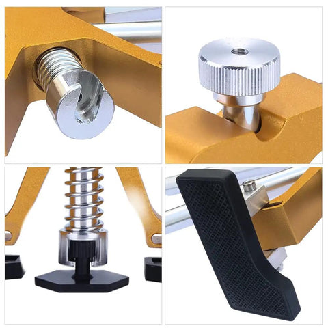 Close-up views of Adjustable Golden Dent Lifter Kit for Cars, showing metal build and soft rubber tips for dent repair.