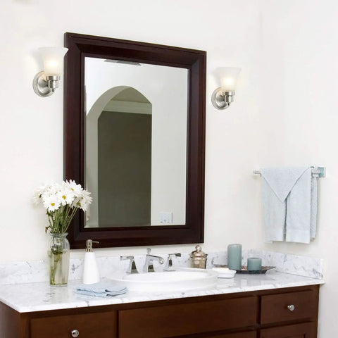 Traditional Style 1 Light Indoor Dimmable Wall Sconce With Frosted Opal Glass Satin Nickel Finish in bathroom setting
